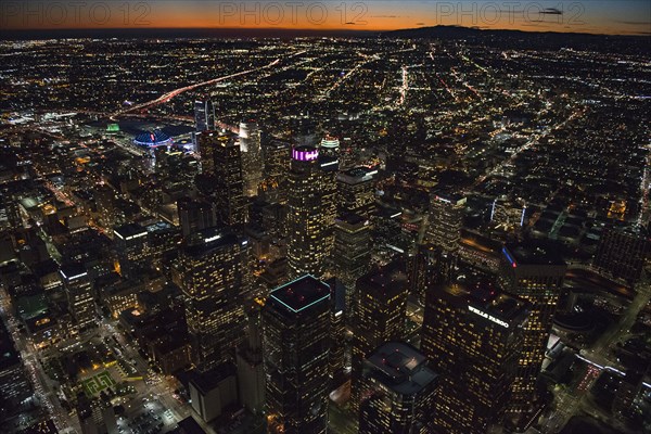 Aerial view of Los Angeles cityscape lit up at night