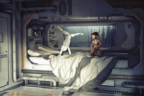 Girl watching robot do handstand on futuristic bed