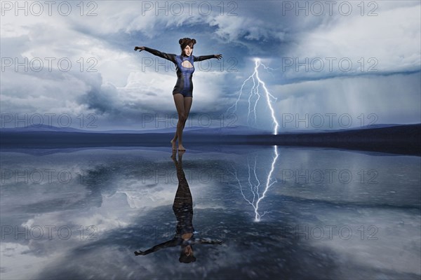 Reflection of the woman walking on ice and lightning
