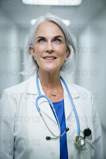 Smiling Caucasian doctor looking up