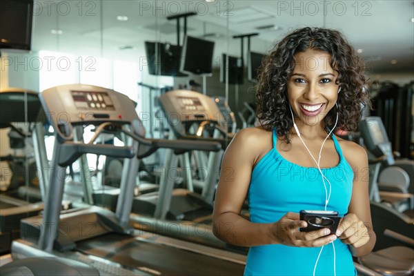 Woman listening to earbuds in gymnasium