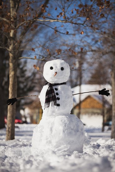 Snowman wearing scarf outdoors