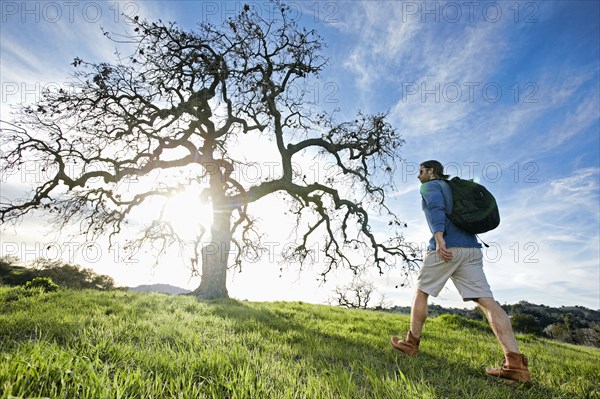 Caucasian man walking in field near tree