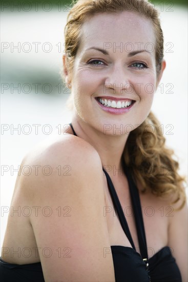 Caucasian woman wearing bathing suit