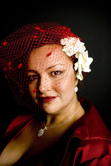 Mixed race woman wearing birdcage veil