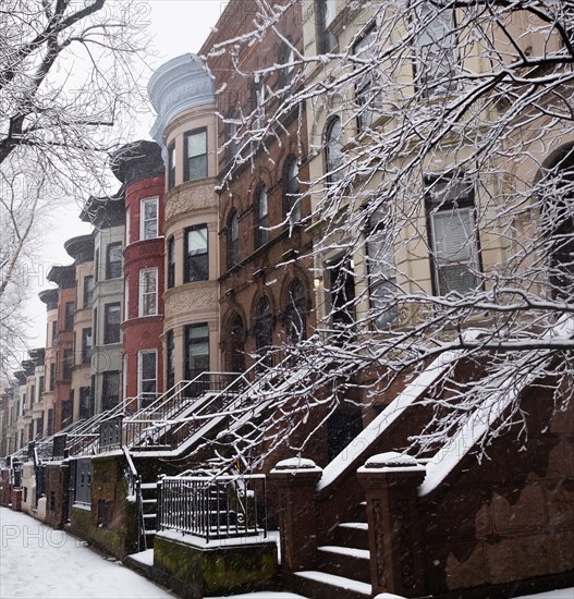 Brooklyn brownstones covered with snow, New York, New York, USA