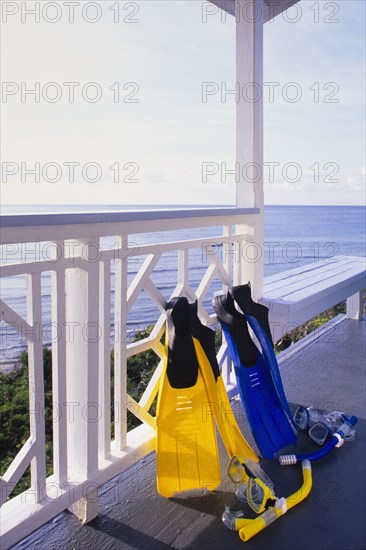 Pair of snorkel gear at Caribbean villa, St. John, United States Virgin Islands, USA