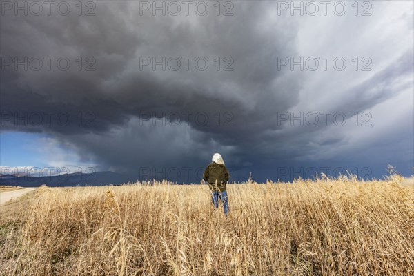 Rear view of woman standing in fall grasses under stormy sky, Fairfield, Idaho, USA