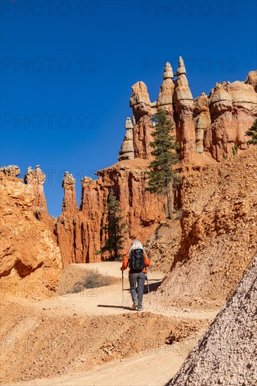 Rear view of woman with backpack hiking in Bryce Canyon National Park, , Utah, USA