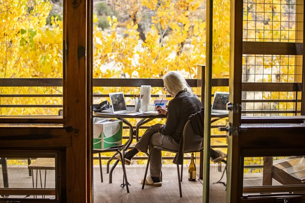 Woman painting with watercolors on porch in autumn, , Utah, USA