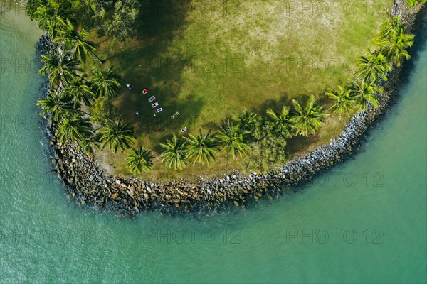 Drone view of tropical island and turquoise sea, Port Douglas, Queensland, Australia