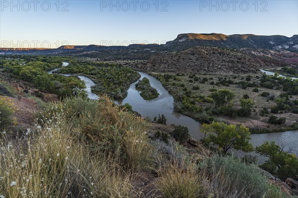 Usa, New Mexico, Abiquiu, Rio Chama, Landscape with Chama River at sunset, Abiquiu, New Mexico, USA