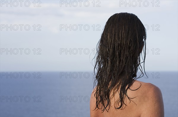 Woman enjoying view of Caribbean Sea, US Virgin Islands, USA, St. John, United States Virgin Islands, USA