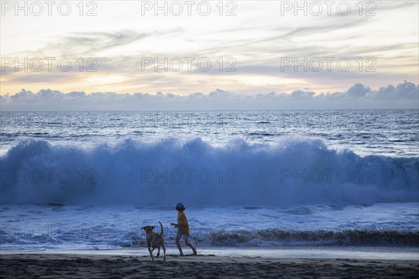 Mexico, Baja, Pescadero, Silhouette of boy and dog on beach at dusk, Pescadero, Baja, Mexcio