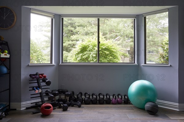 USA, New York, Irvington, Exercise equipment in home gym, New York City, New York, USA