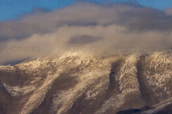 Low clouds covering foothills in snow , Bellevue, Idaho, USA