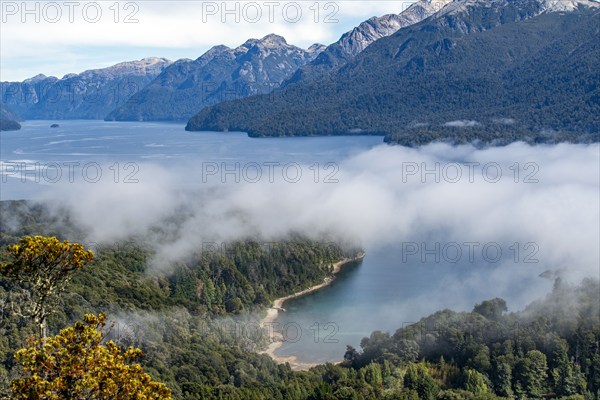 Low hanging clouds over mountain lake, Bariloche, , Argentina