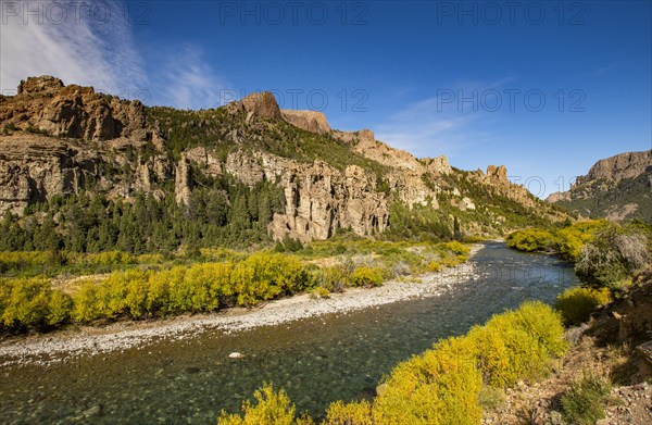 Traful River and rock formations on Estancia Arroyo Verde, Estancia Arroyo Verde, Nequen Province, Argentina