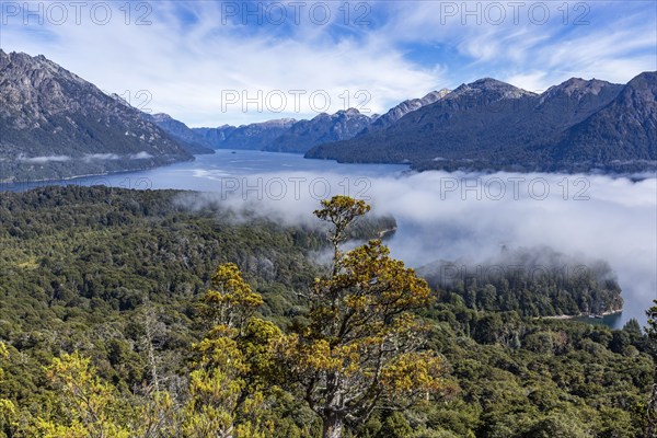 Low clouds covering mountain lakes , Bariloche, , Argentina