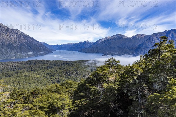 Mountain lakes with green trees in foreground, Bariloche, , Argentina