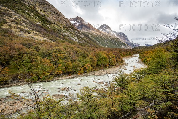 Argentina, Santa Cruz, El Chalten, Electrico River and mountains in Autumn, El Chalten, Santa Cruz, Argentina