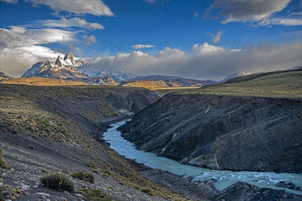 Argentina, Santa Cruz, El Chalten, Mount Fitz Roy massif and Las Vueltas River in morning light, El Chalten, Santa Cruz, Argentina