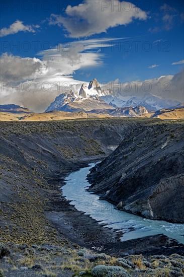 Argentina, Santa Cruz, El Chalten, Mount Fitz Roy massif and Las Vueltas River in morning light, El Chalten, Santa Cruz, Argentina