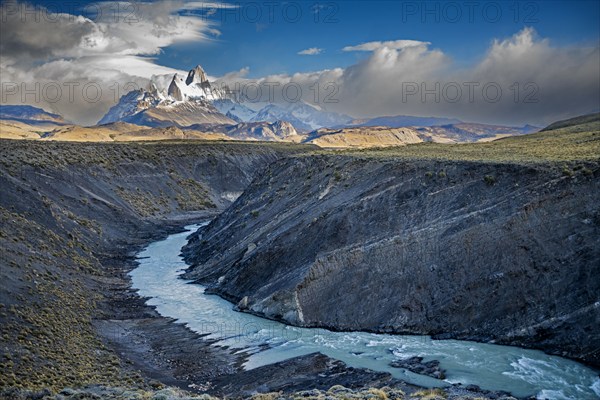 Argentina, Santa Cruz, El Chalten, Mount Fitz Roy massif and Las Vueltas River in morning light, El Chalten, Santa Cruz, Argentina