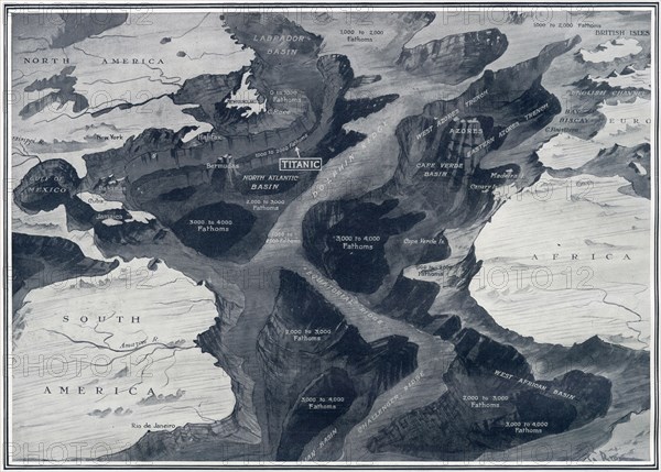 Illustration situant l'épave du RMS Titanic sur une carte de l’océan atlantique. Construit par Harland & Wolff, à Belfast (Irlande), en 1910-1911, le RMS Titanic sombra après avoir heurté un iceberg, le 15 avril 1912, au large de Terre-Neuve, lors de son voyage inaugural de Southampton (Angleterre) à New York (USA), entraînant la perte de 1522 passagers et membres d’équipage. (Photo par Titanic Images/Universal Images Group)