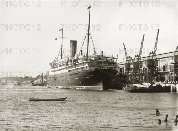 SS Franconia at Kilindini harbour. SS Franconia docked at Kilindini harbour. Mombasa, Kenya, circa 1930. Mombasa, Coast, Kenya, Eastern Africa, Africa.