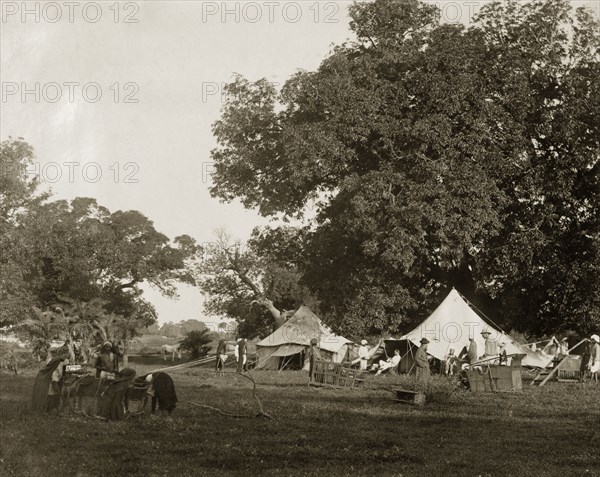 Early morning at a hunting camp. An early morning scene at the campsite of a hunting party. Indian servants and British gentlemen mill around making preparations for the day's hunt. A number of elephant howdahs can be seen in front of the tents. India, circa 1885. India, Southern Asia, Asia.