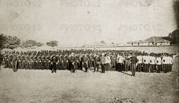 The 13th Regiment Bombay Infantry. Uniformed Indian soliders from the 13th Regiment Bombay Infantry line up on parade. Bombay (Mumbai), India, 1873. Mumbai, Maharashtra, India, Southern Asia, Asia.