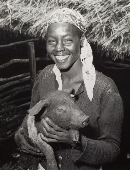 A member of the Young Farmers Club. A female member of the Young Farmers Club smiles for the camera, a small piglet held in her arms. Fort Hall, Kenya, circa 1965. Fort Hall, Central (Kenya), Kenya, Eastern Africa, Africa.