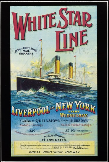 White Star Line poster. A 1990s reproduction of an early White Star Line advert, depicting the RMS Oceanic, a flagship liner of the company. The poster advertises the service running between Liverpool and New York, complete with the original fares. Location unknown, circa 1900.