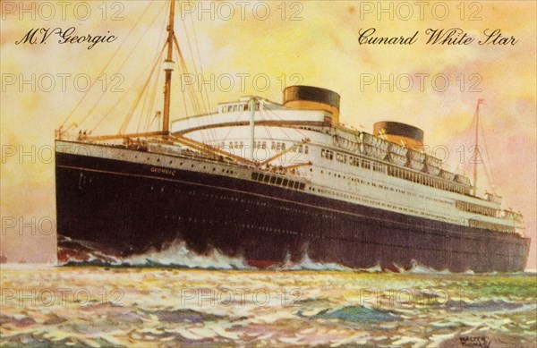 MV Georgic steam liner. Postcard of a painting by Walter Thomas of the MV Georgic steam liner sailing on the open sea. Location unknown, circa 1950.