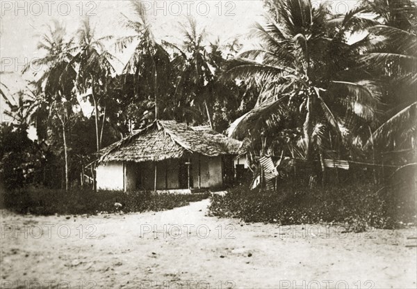 Coastal hut. A small thatched hut built in the shelter of palm trees near the coast. Mombasa, Kenya, 12-17 January 1924. Mombasa, Coast, Kenya, Eastern Africa, Africa.