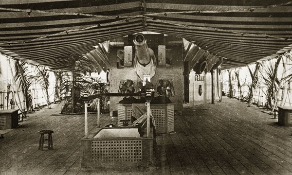 Quarter deck of HMS Danae. The quarter deck of HMS Danae, a Light Cruiser warship belonging to the British Special Service Squadron. Pacific Ocean near Fiji, 21-27 May 1924. Fiji, Pacific Ocean, Oceania.