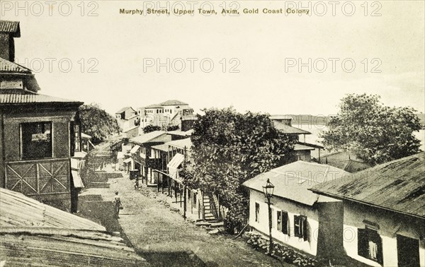 View of Axim, Gold Coast. Postcard view of Murphy Street in the upper town. Axim, Gold Coast (Ghana), circa 1920. Axim, West (Ghana), Ghana, Western Africa, Africa.