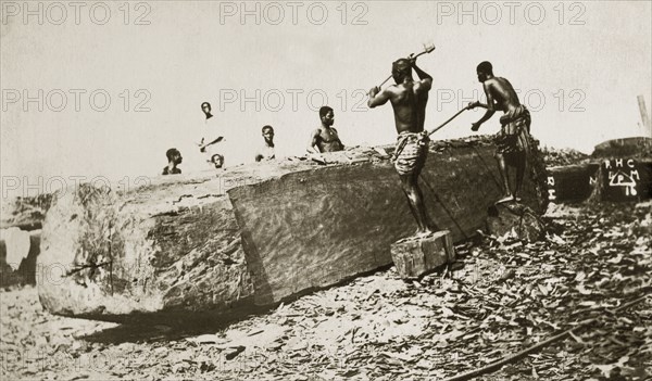 Cutting mahogany, West Africa. A large piece of mahogany timber is cut and prepared for sale by men using hand axes. Western Africa, circa 1920., Western Africa, Africa.