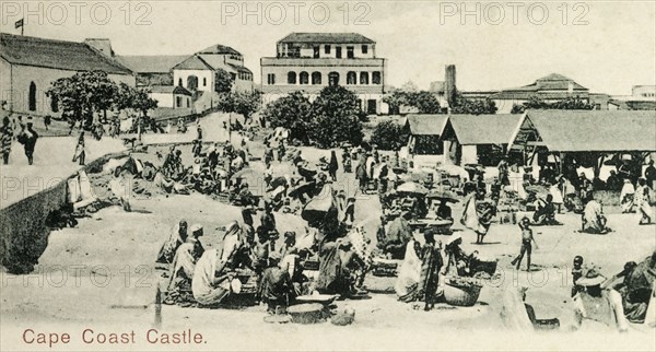 Cape Coast castle. Scene showing a busy local market taking place inside a castle. Cape Coast, Gold Coast (Ghana), circa 1918. Cape Coast, Central (Ghana), Ghana, Western Africa, Africa.