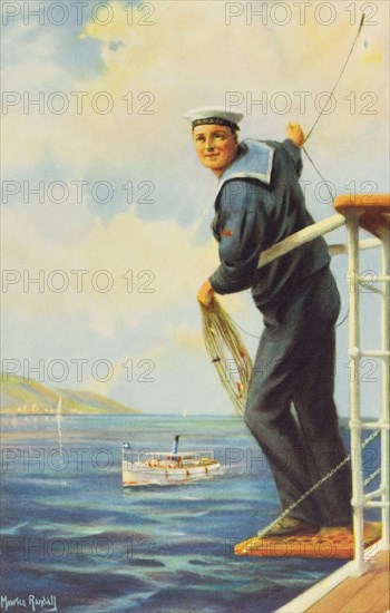 Sailor on the Blue Funnel Line. A postcard depicts a uniformed sailor gathering rope aboard a Blue Funnel Line steamer. His hat bears the intials: 'A.H. & Co.', a reference to Alfred Holt & Co. who established the Blue Funnel Line in 1866. Location unknown, circa 1920.