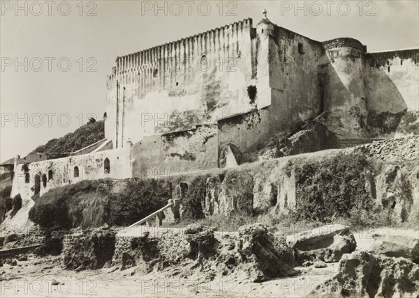 Fort Jesus on Mombasa Island. View of Fort Jesus, a Portuguese fort built on Mombasa Island in 1593 to guard the Old Port of Mombasa. At the time of this photograph, and up until 1958 while Kenya was a British colony, the fort was used as a government prison. Mombasa, Kenya, circa 1950. Mombasa, Coast, Kenya, Eastern Africa, Africa.