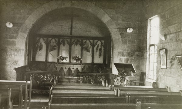 Chapel inside St. Paul's United Theological College, Limuru. Interior shot of the chapel at St. Paul's United Theological College in Limuru, a college established by missionaries to train African ordinands for the priesthood and to educate their wives. Limuru, Kenya, circa 1956. Limuru, Central (Kenya), Kenya, Eastern Africa, Africa.