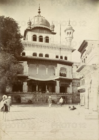 A Sikh temple at Lahore. Exterior view of a Sikh temple featuring decorative domes, turrets and arched windows. Lahore, Punjab, India (Punjab, Pakistan), circa 1895. Lahore, Punjab, Pakistan, Southern Asia, Asia.