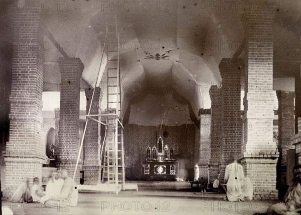 Interior of Roman Catholic Cathedral, Uganda. Interior view of a brick-built cathedral which is nearing completion. There is little furniture but an altar is in place. Entebbe, Uganda, 1906. Entebbe, Central (Uganda), Uganda, Eastern Africa, Africa.