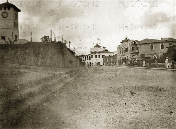 Road in Mombasa. View from street level of a road in the centre of Mombasa. Mombasa, British East Africa (Kenya), 1906. Mombasa, Coast, Kenya, Eastern Africa, Africa.