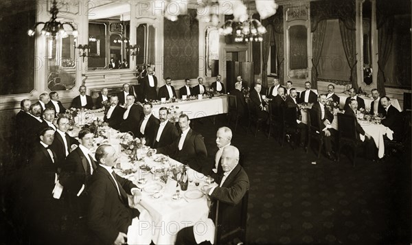 Bank of Bengal Dinner Club. Group portrait of the fourth annual dinner of the Bank of Bengal Dinner Club at Oddenino's Imperial Restaurant. London, England, 4 June 1907. London, London, City of, England (United Kingdom), Western Europe, Europe .