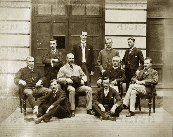 Employees of the Bank of Bengal. Group portrait of ten European male employees of the Bank of Bengal. Calcutta (Kolkata), India, September 1894. Kolkata, West Bengal, India, Southern Asia, Asia.