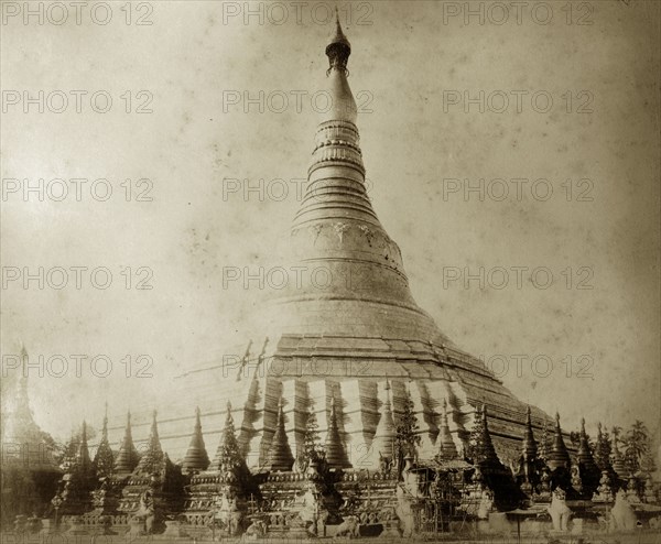 The Shwe Dagon Pagoda. The Buddist shrine at Shwe Dagon Pagoda. Rangoon (Yangon), Burma (Myanmar), circa 1885. Yangon, Yangon, Burma (Myanmar), South East Asia, Asia.