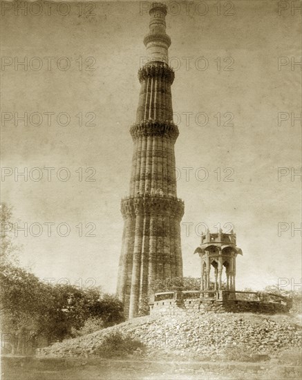 The Qutb Minar, circa 1885. View of the Qutb Minar, one of the greatest monuments of Islamic architecture in India. At 72.5 metres tall, the celebratory victory tower was built to accompany the Quwwat-ul-Islam mosque, and was probably inspired by the style of Afghan minarets. Delhi, India, circa 1885. Delhi, Delhi, India, Southern Asia, Asia.